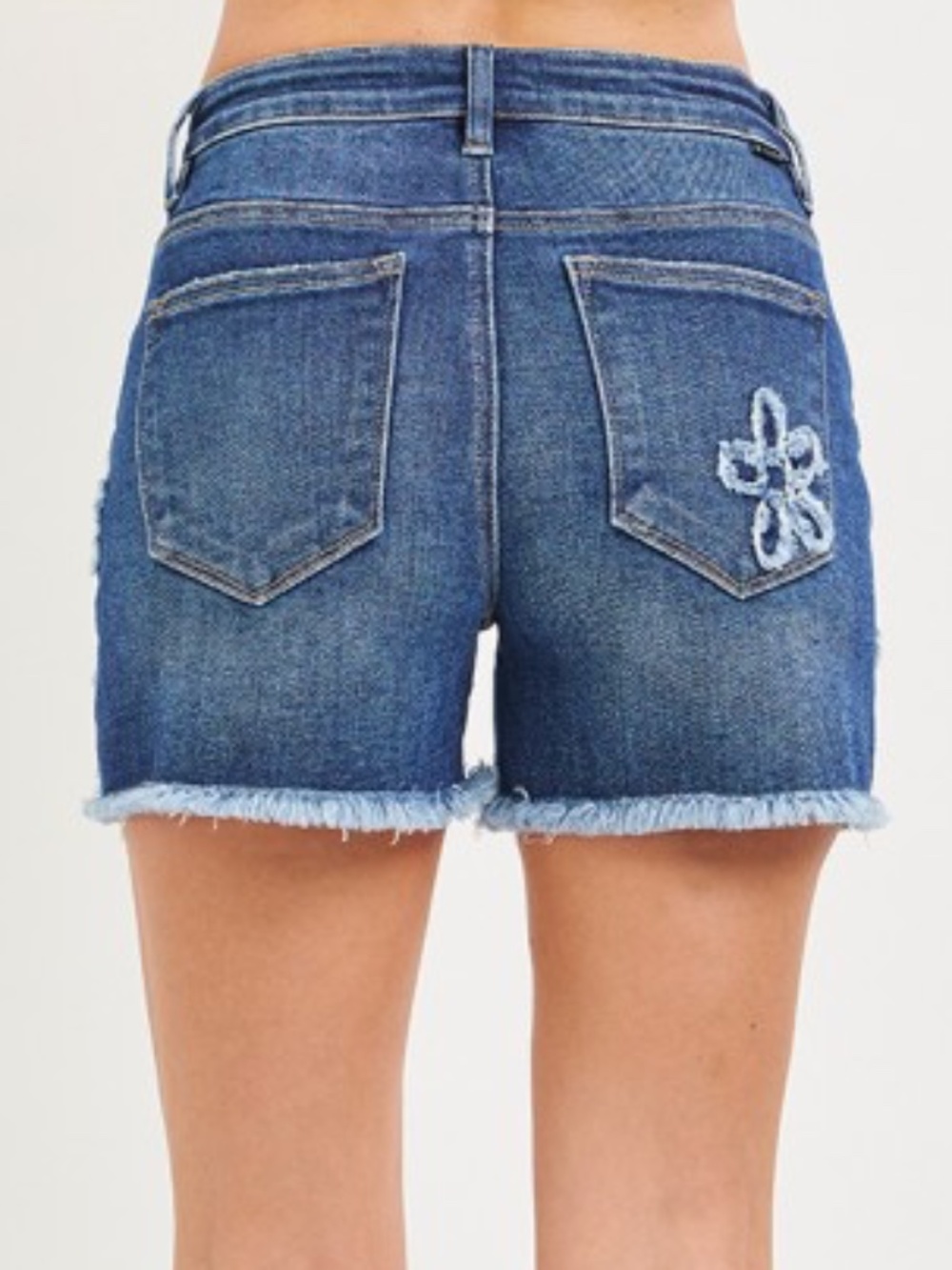 Risen Dark Wash Flower Patched Frayed hem Denim Jean Shorts - Picture 3 of 6